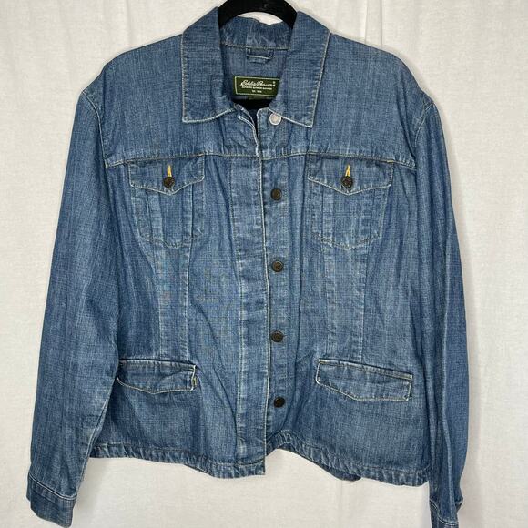 Eddie Bauer Blue Trucker Jean Jacket Hidden Buttons Plus Size XXL 2XL‎ Casual - Picture 1 of 7